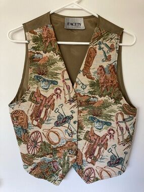 FACETS Tapestry Western Print Vest in Olive, Tan, Brown